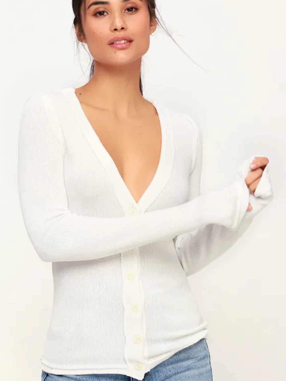 We The Free Ivory Button-Front Long Sleeve Top